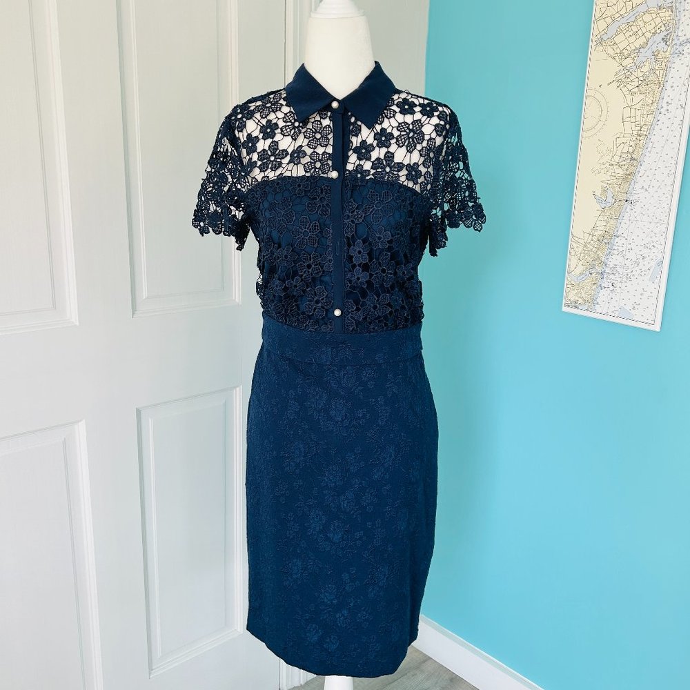 Karl Lagerfeld Navy Collared Lace Sheath Short Sleeve Dress (size 2)